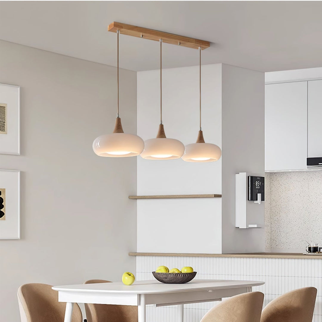 Beautiful glass & wood pendant light, ideal for modern home decor in any room.