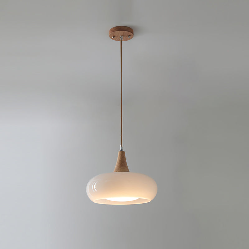 Unique modern glass dining light with subtle wood accents, a stunning ceiling fixture.