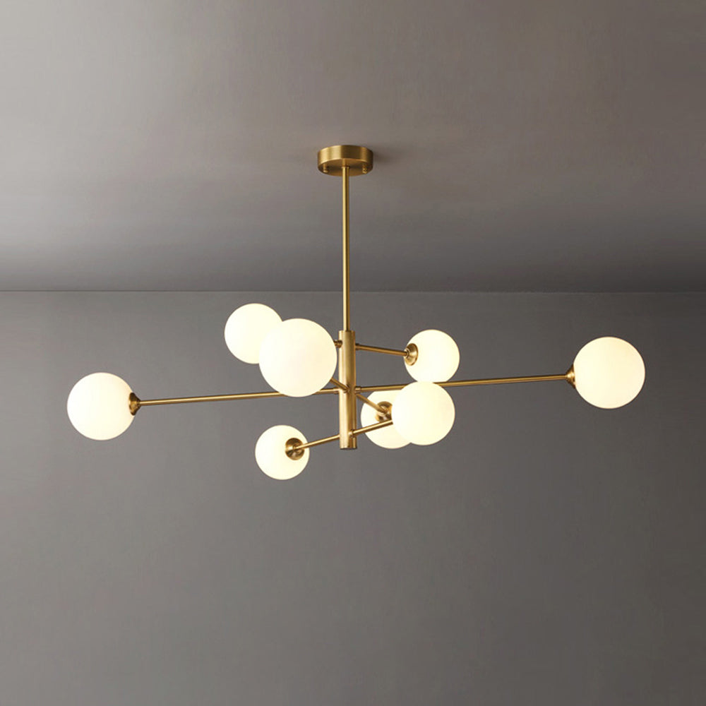 Elegant gold globe chandelier, multi-light fixture for a sophisticated dining room.
