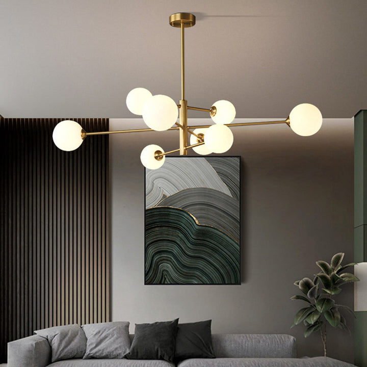 Gold globe chandelier, elegant multi-light modern fixture ideal for dining room.