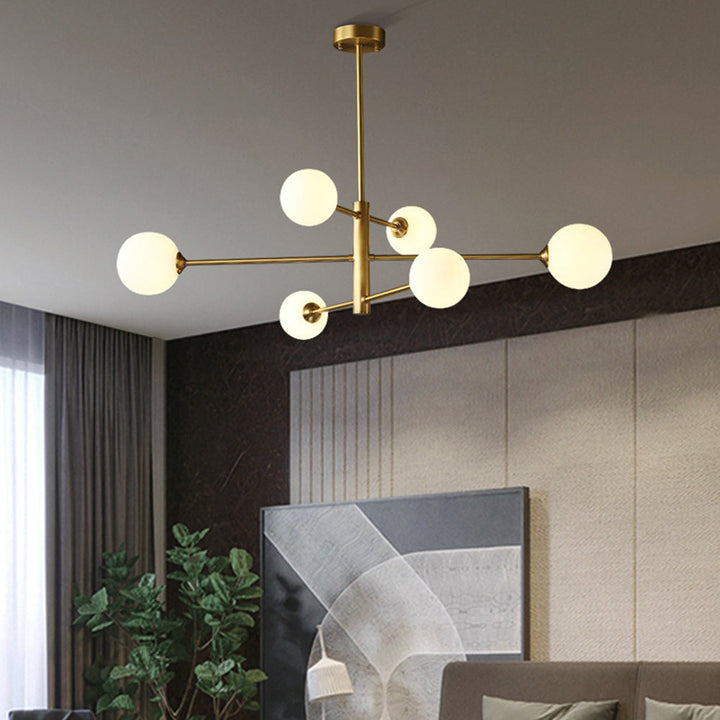 Black globe chandelier, contemporary multi-light pendant perfect for living room.