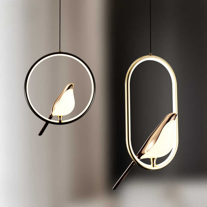 Modern golden bird pendant light. Elegant decorative ceiling lamp for contemporary home interior lighting.