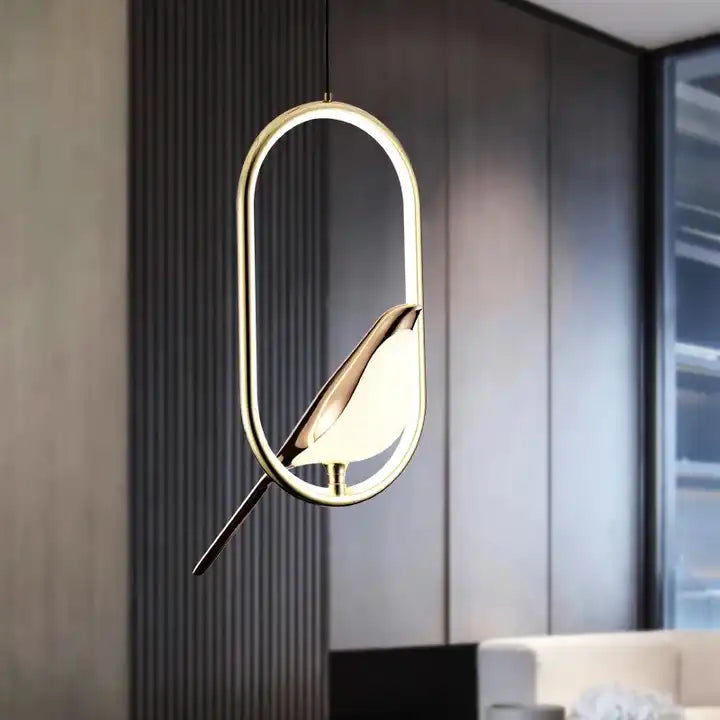 Elegant golden bird decorative pendant lamp. Modern lighting solution for artistic interior spaces.