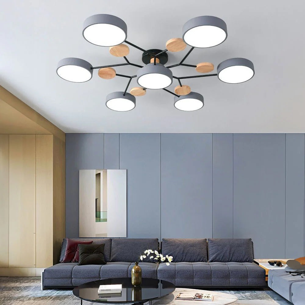 Stylish semi-flush LED lamp with modern halo design, home lighting.