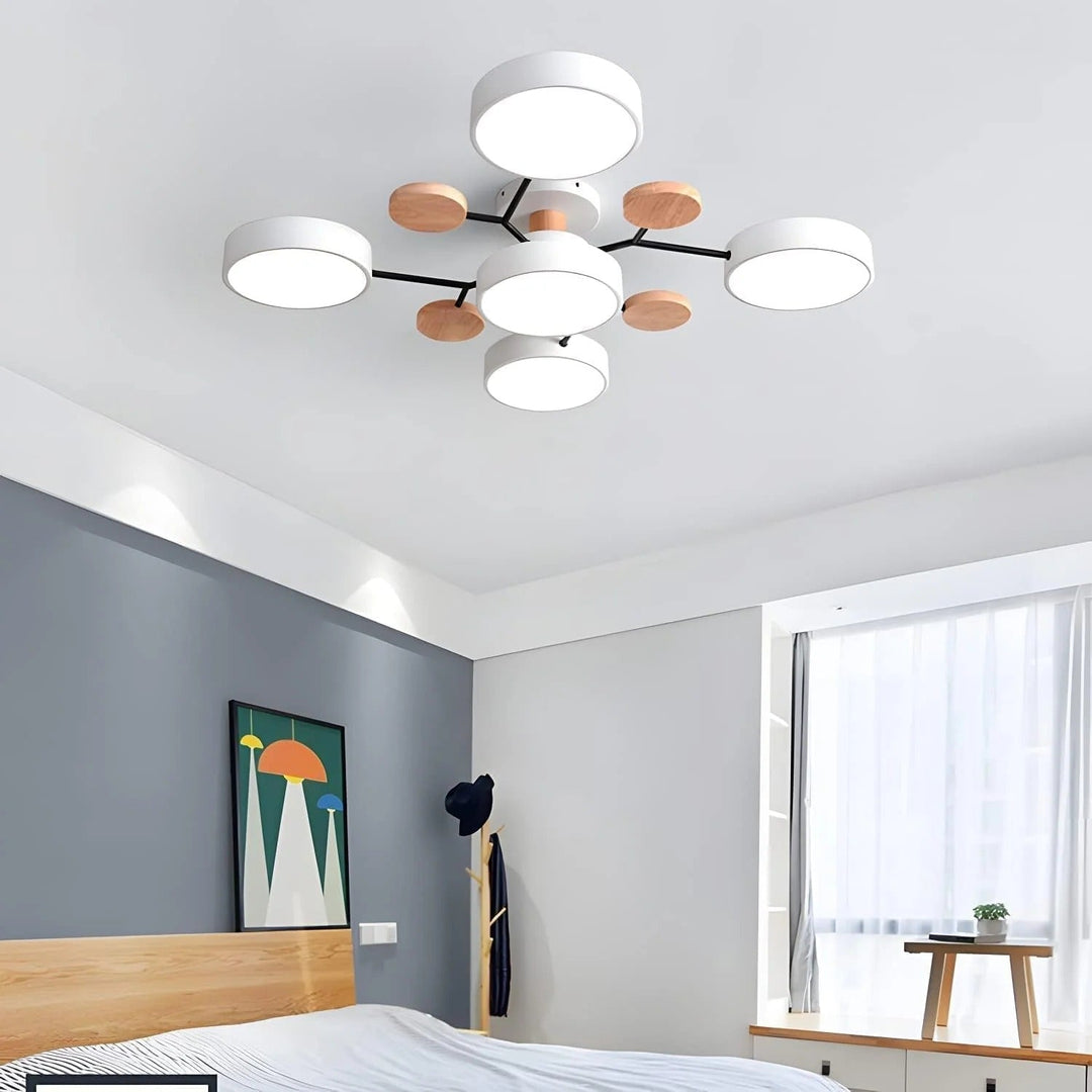 Modern halo LED semi-flush light for contemporary home interiors.