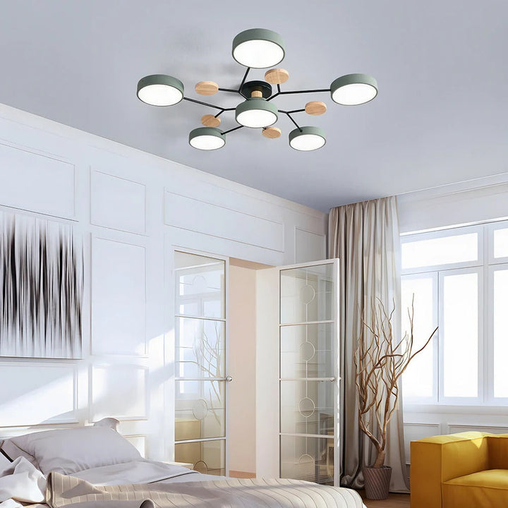 Contemporary semi-flush LED ceiling lamp with luminous halo design.