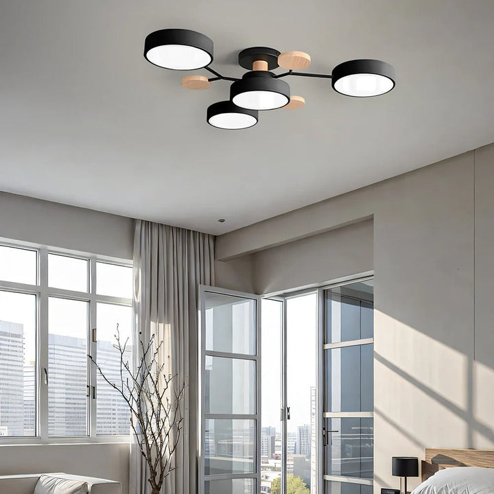 Modern LED semi-flush fixture, halo design, ideal for home interior lighting.