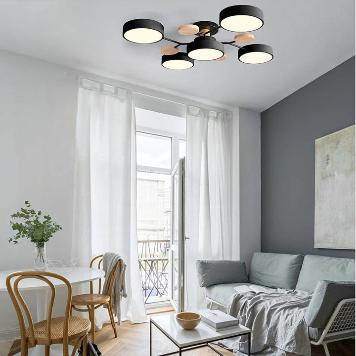 Elegant halo LED semi-flush light, modern home decor accent.