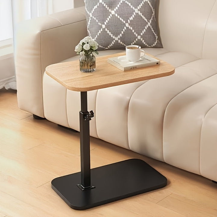 Sleek adjustable side table for home office or bedroom, featuring a durable wood surface & sturdy metal frame.