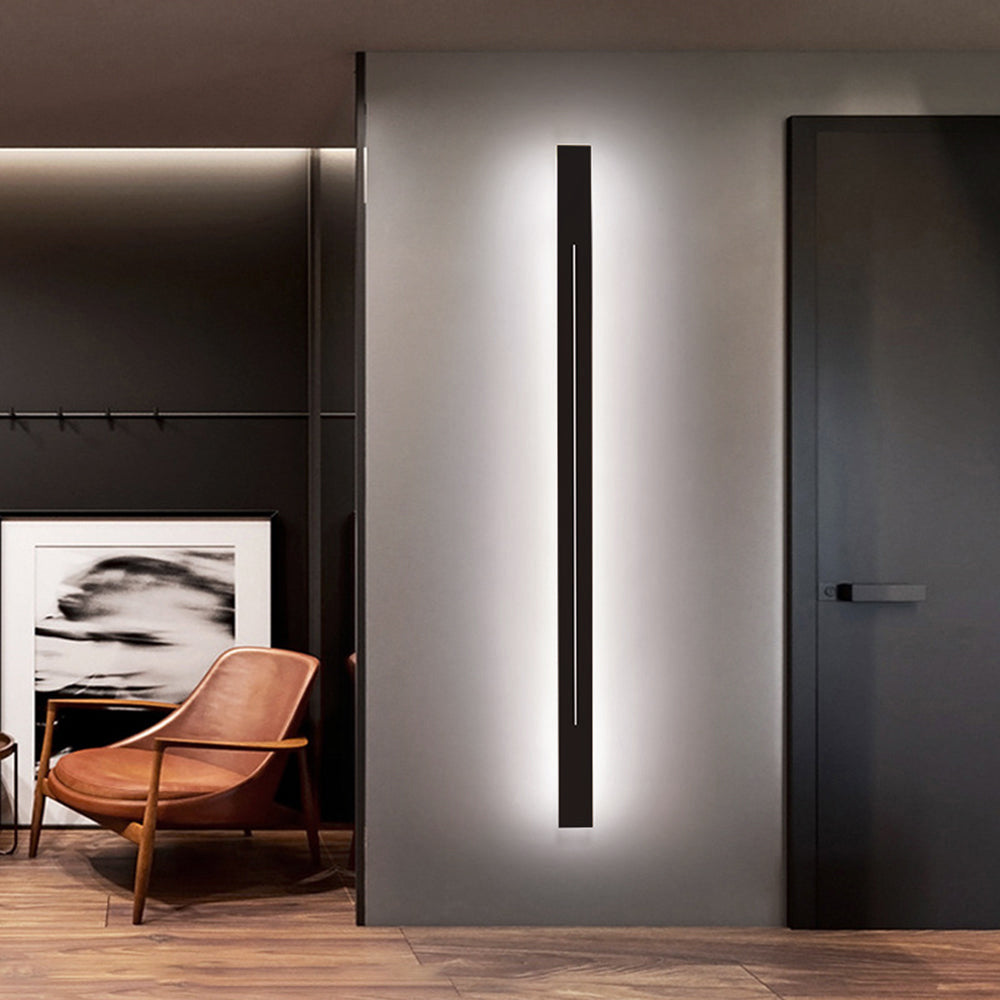 Sleek black linear LED wall lamp, dimmable for adjustable lighting.
