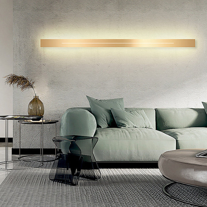 Modern dimmable LED wall fixture, gold finish, for sophisticated homes.