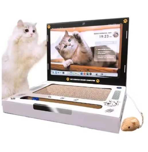 Modern interactive cat scratcher laptop toy for feline play, entertainment, and essential claw care.