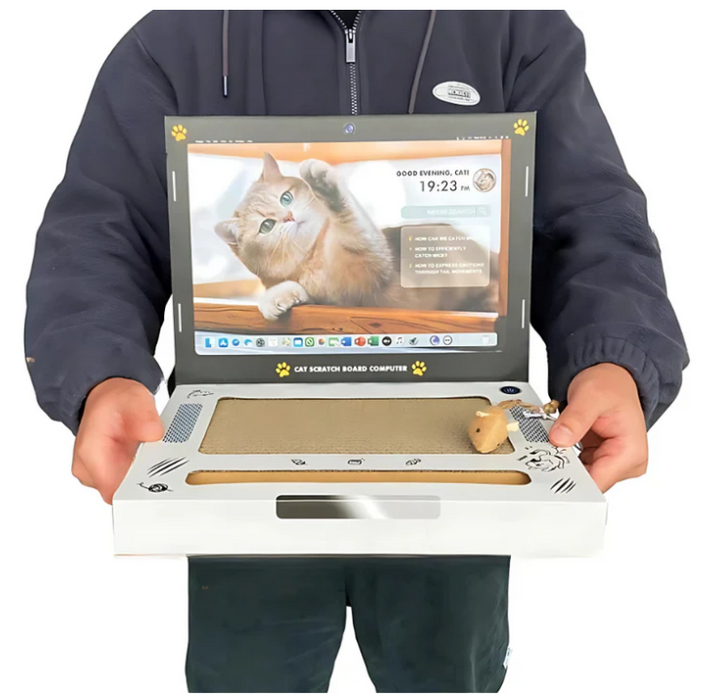 Engaging cat scratcher laptop toy. Durable cardboard provides healthy claw care and interactive pet toy fun.