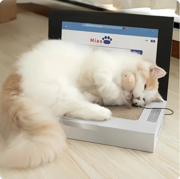 Playful interactive cat scratcher laptop, a modern pet accessory for feline entertainment and scratch training.