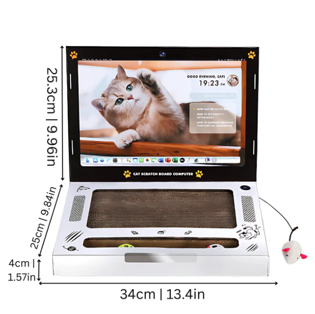 Stylish interactive cat scratcher laptop. A fun pet toy & cat furniture for paw grooming & entertainment.
