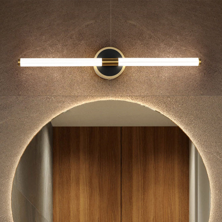 Bright modern LED bathroom light, sleek design, IP44 rated for safe use in wet locations, hardwired fixture.