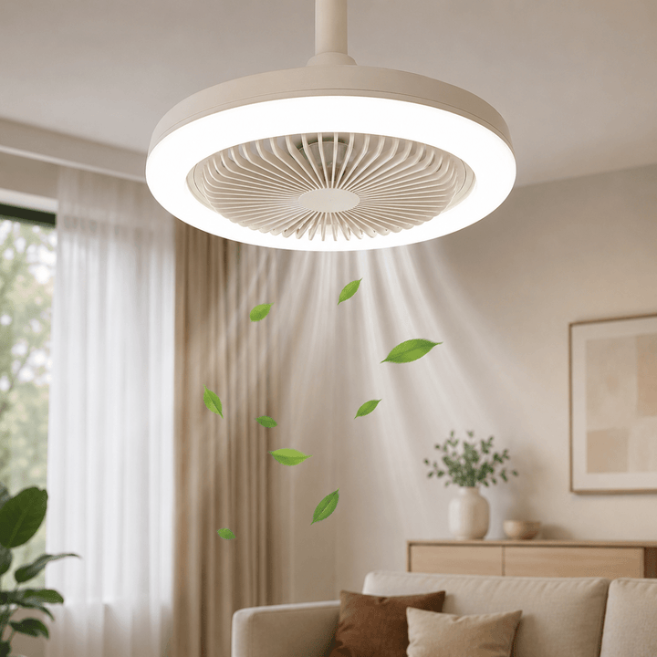 Modern LED ceiling fan light with remote control for indoor spaces, combining lighting and air circulation.