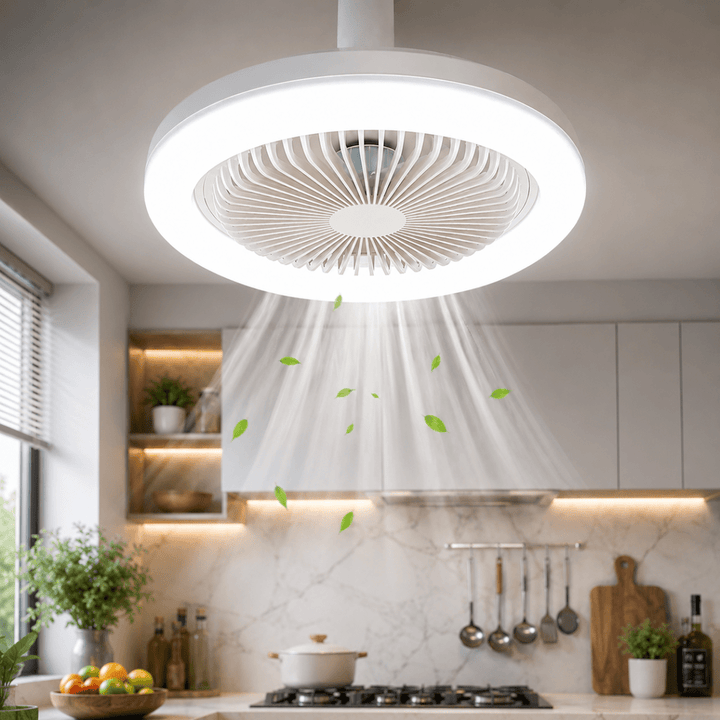 Sleek white LED ceiling fan light, remote-controlled, perfect for modern indoor home comfort & space-saving.