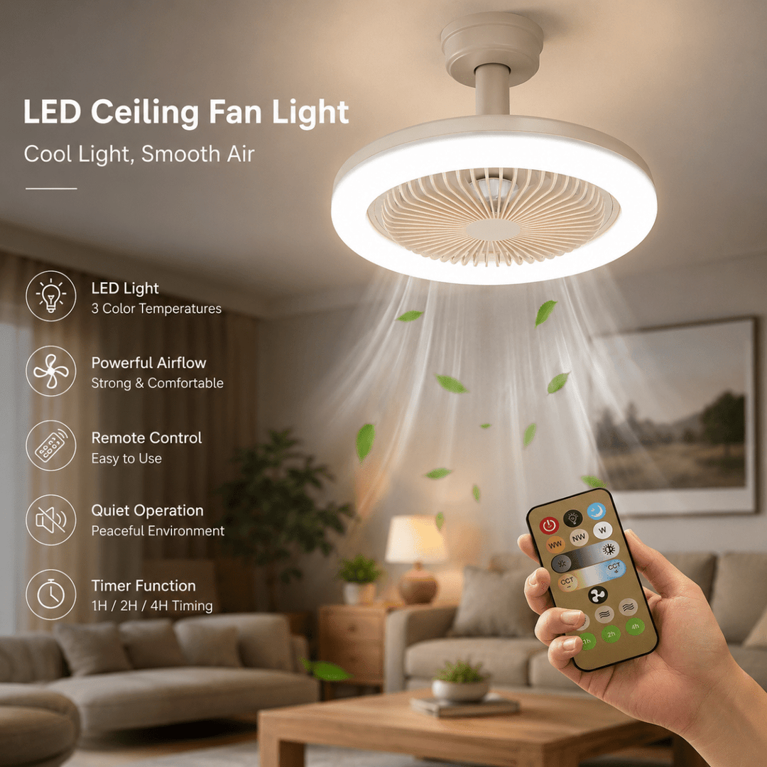 Round LED ceiling light with hidden fan blades, remote control included, perfect for modern interior design.