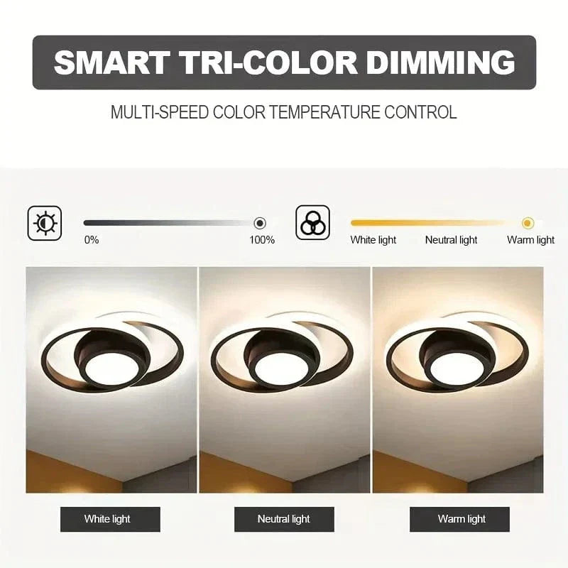 Dimmable 3-color LED flush mount ceiling light perfect for modern kitchen, bedroom, or living room interior.