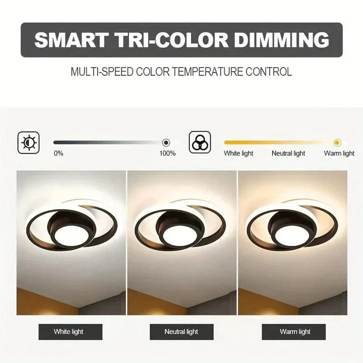 Dimmable 3-color LED flush mount ceiling light perfect for modern kitchen, bedroom, or living room interior.