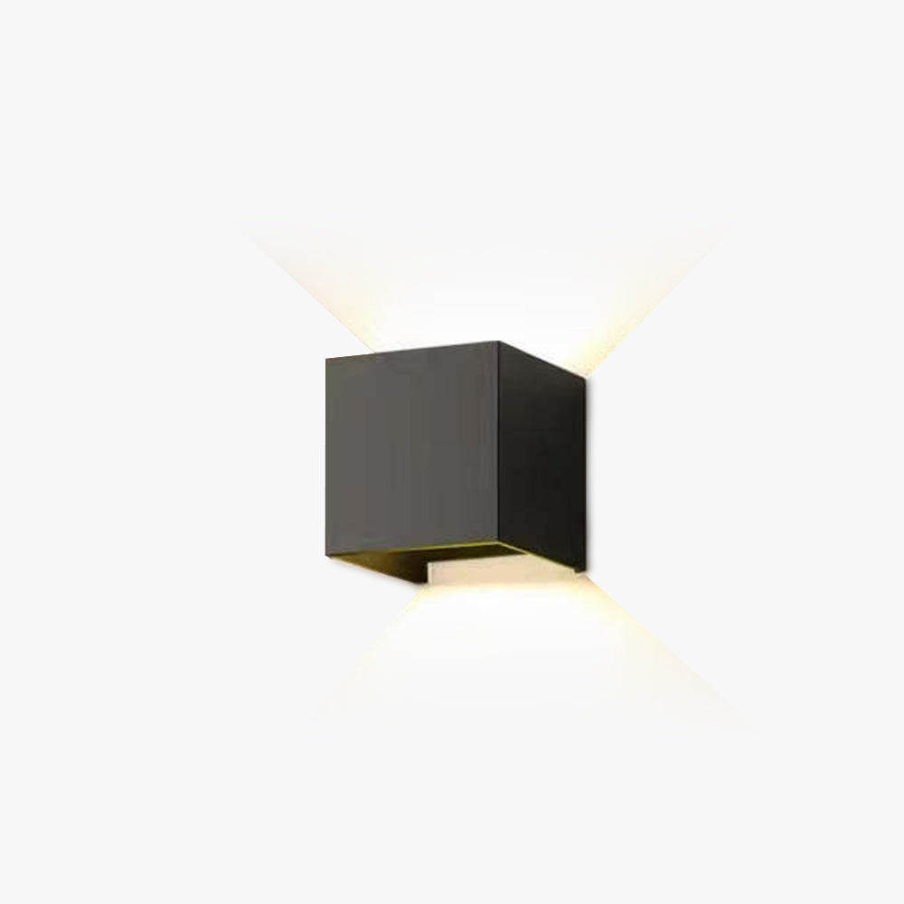 Modern LED outdoor wall light, square design, adjustable up/down illumination for home exterior.