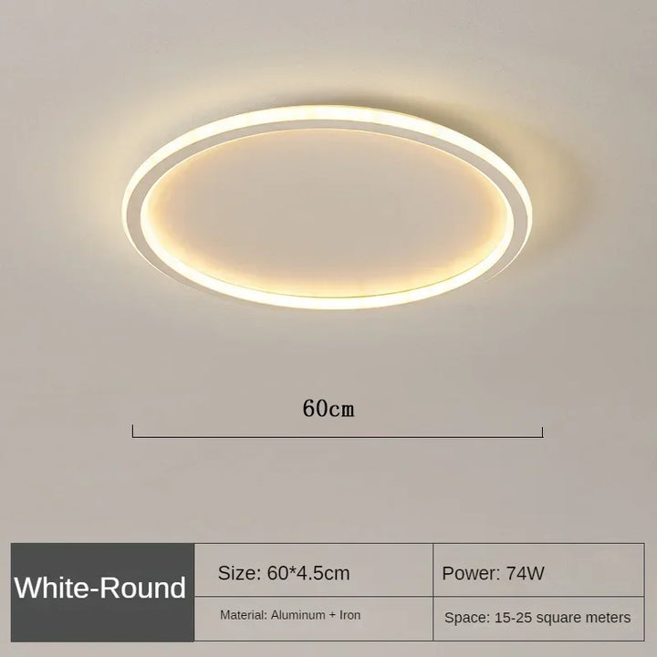 Scandinavian LED round flush mount ceiling light, showcasing its elegant profile and bright illumination.