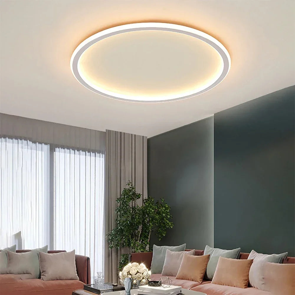 Elegant white LED round ceiling light, Scandinavian style, flush mount, enhancing modern home aesthetics.