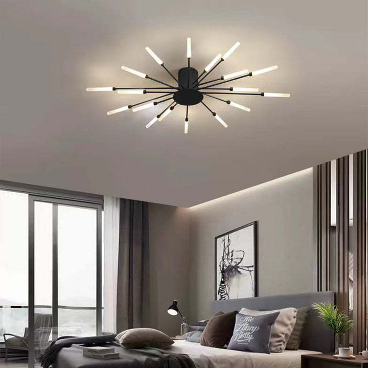Gold LED spiral ceiling light, dimmable contemporary interior design.