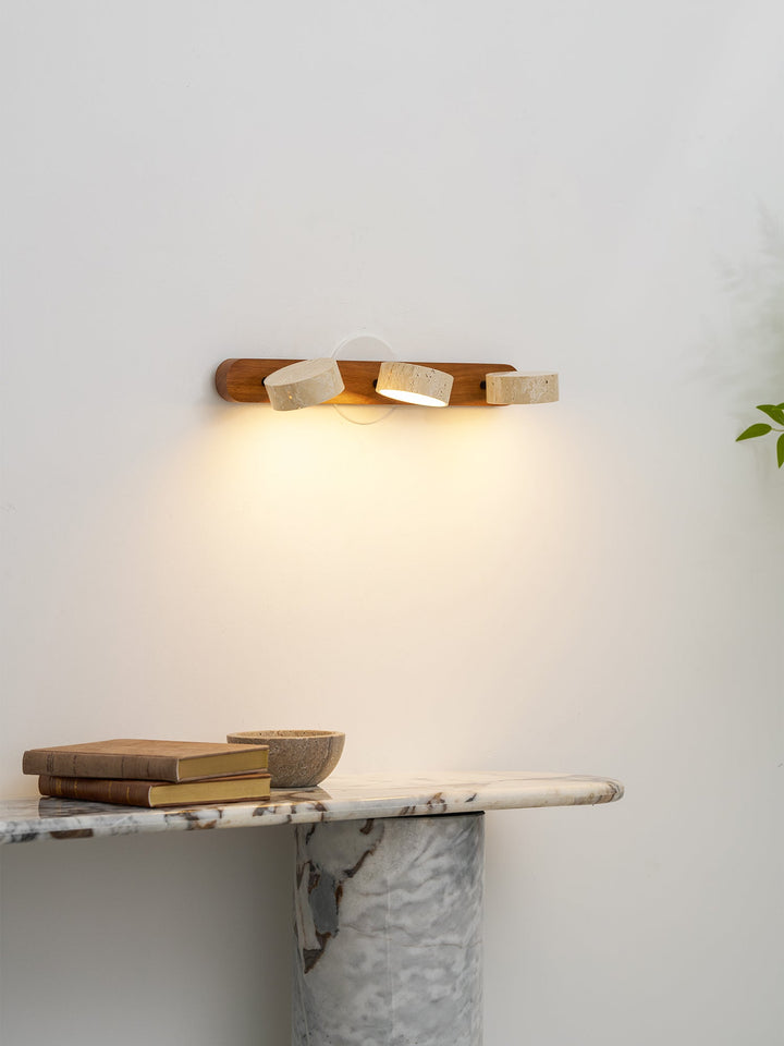 Sleek LED wall light, ambient glow for serene bedroom interior design.