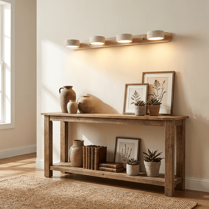 Sleek contemporary LED wall fixture, enhancing living room interior design.