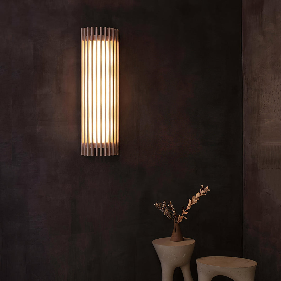 Premium indoor LED wall sconce, crafted with wood and a sleek acrylic light panel.