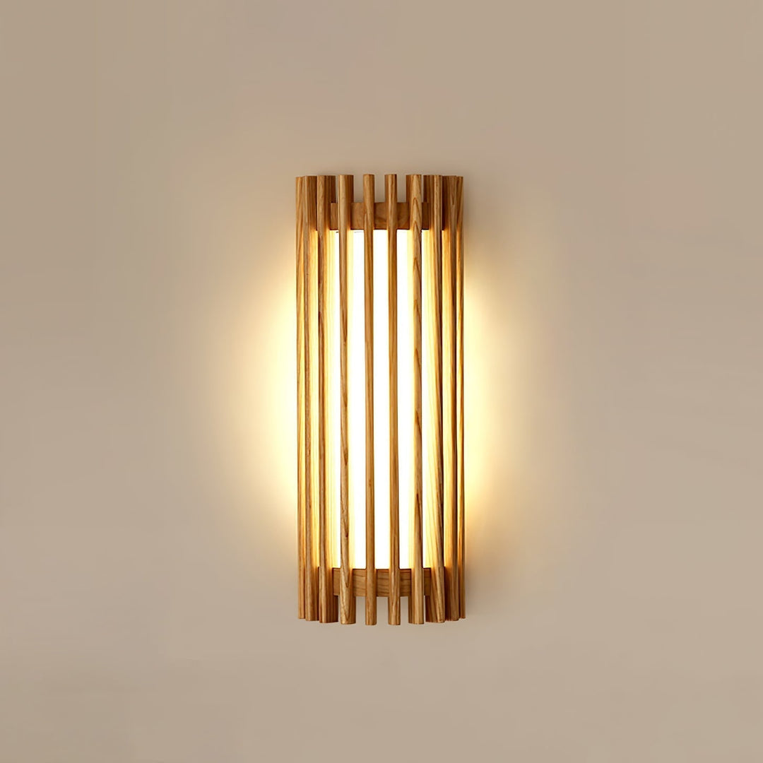 Sophisticated LED wall light, wood grain & acrylic diffuser, enhances modern living rooms.