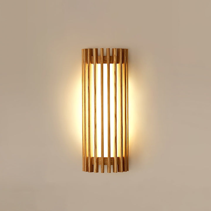 Sophisticated LED wall light, wood grain & acrylic diffuser, enhances modern living rooms.