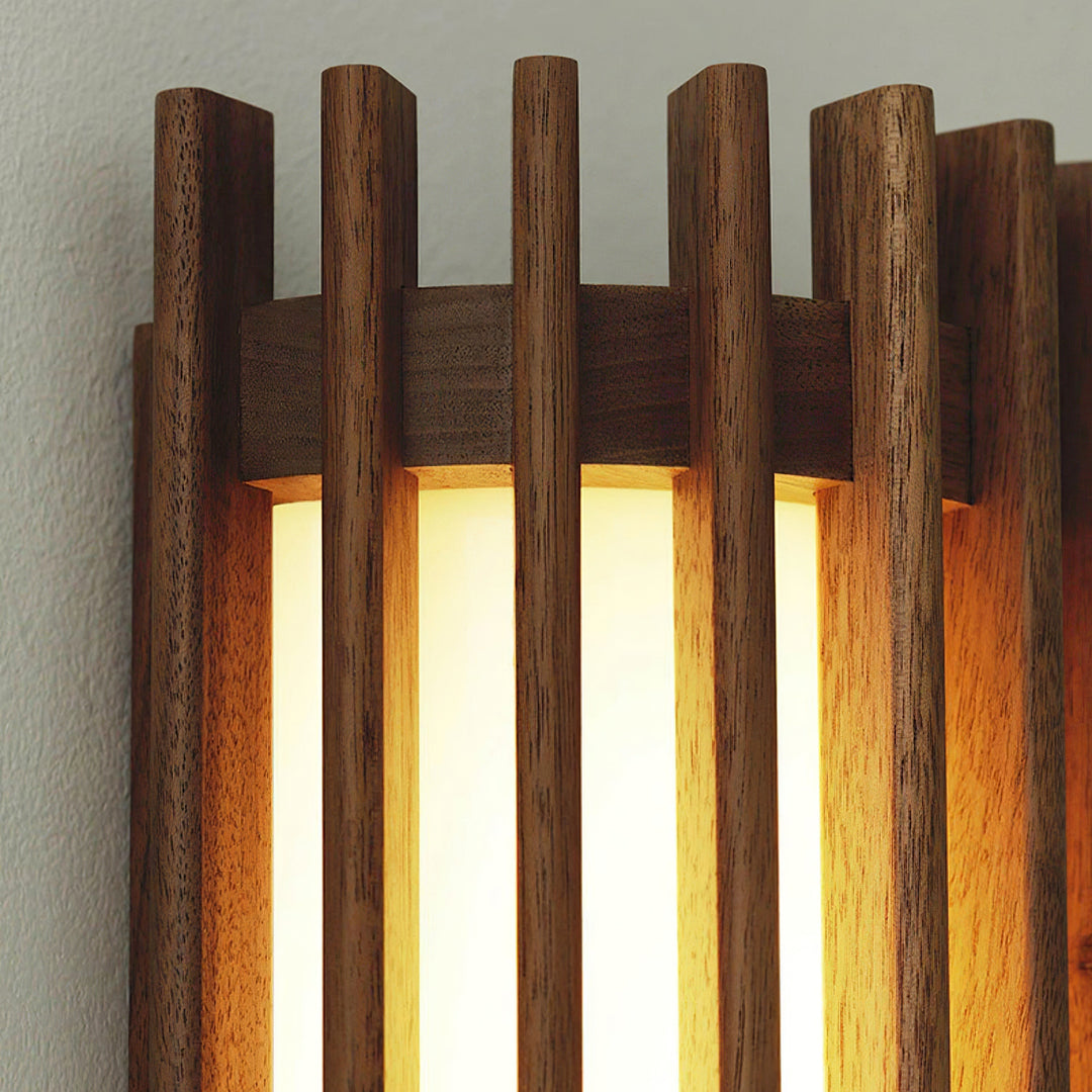 Contemporary wood and acrylic LED wall lamp, perfect for minimalist bedroom lighting.