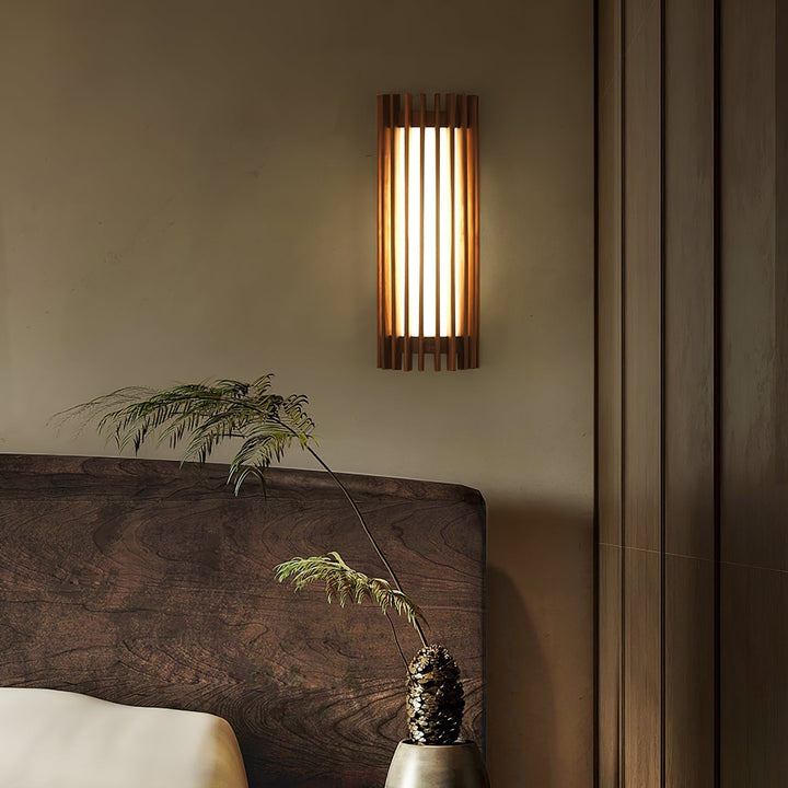 Sleek indoor LED wall lamp, wood grain finish & acrylic diffuser, for modern home decor.