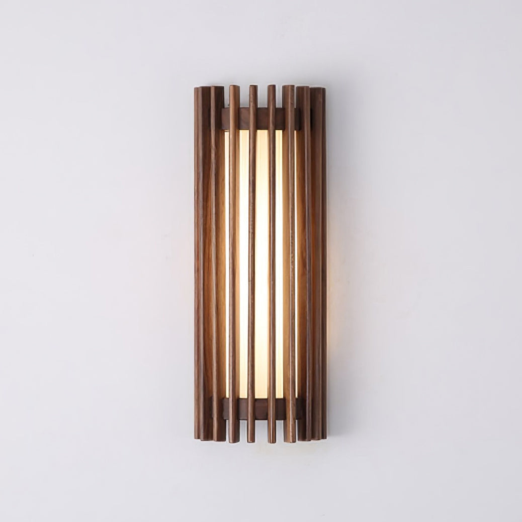 Indoor LED wall lamp, wood texture & smooth acrylic, creates a refined atmosphere.
