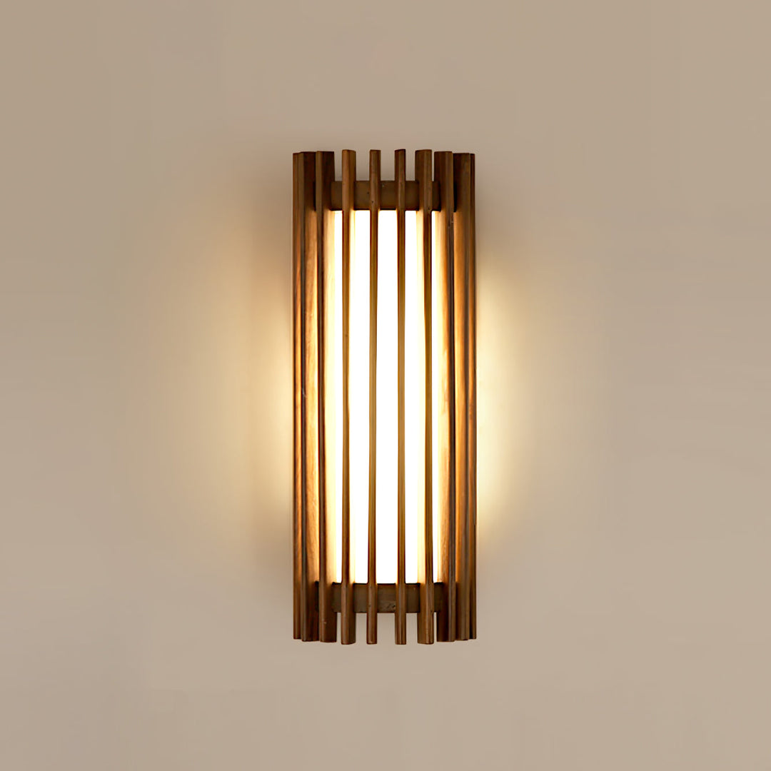 Contemporary LED wall sconce, natural wood base & frosted acrylic for soft bedroom light.