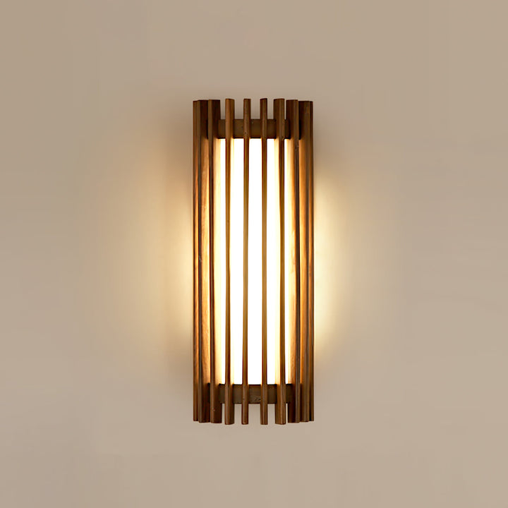 Contemporary LED wall sconce, natural wood base & frosted acrylic for soft bedroom light.