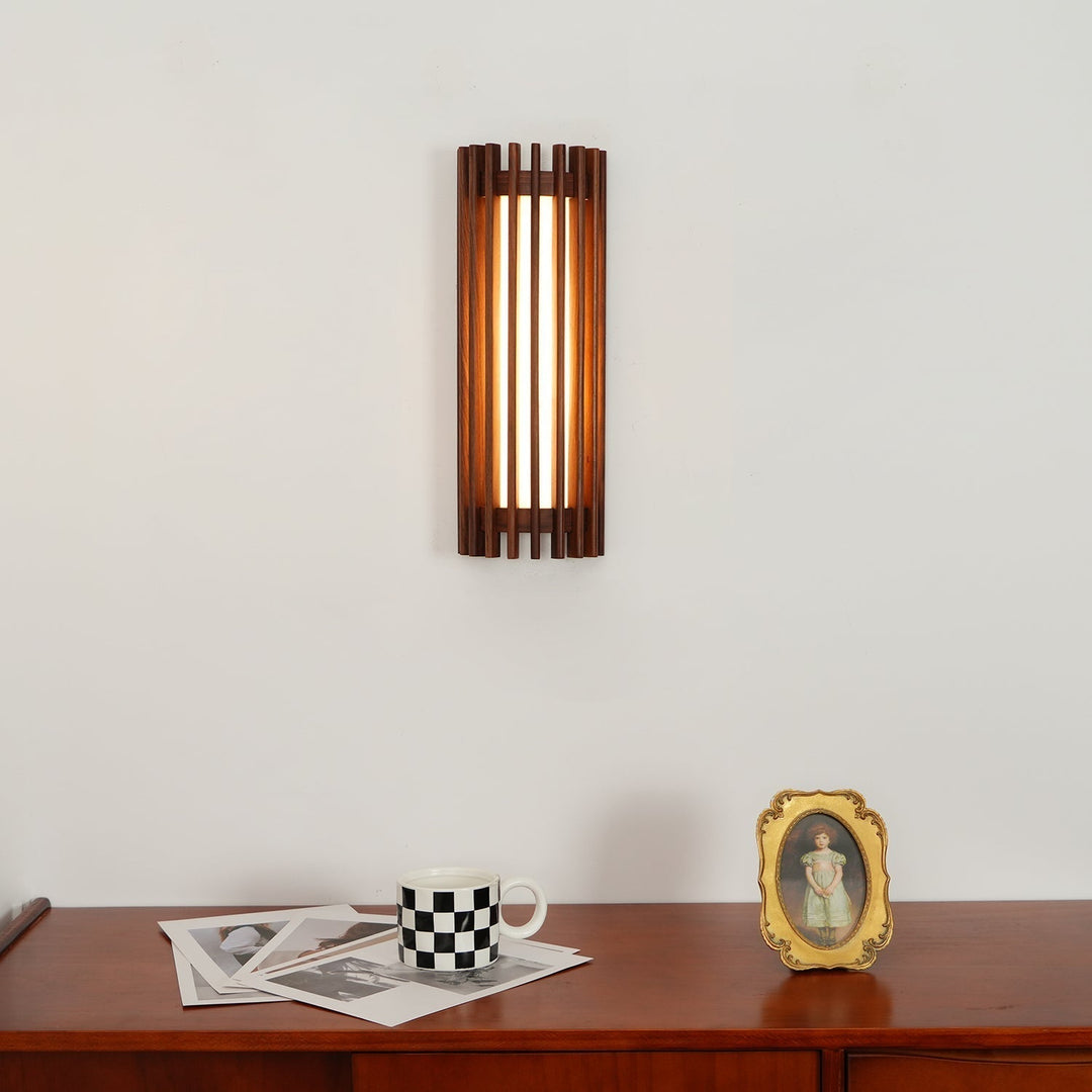 Decorative LED wall light, wood accent & clear acrylic, ideal for a stylish hallway.