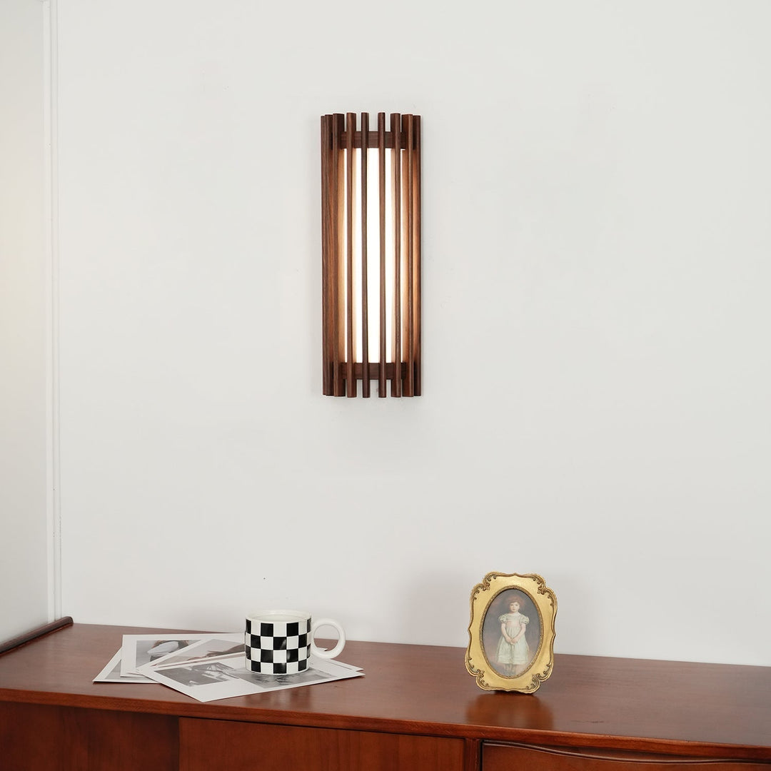 Energy-efficient LED wall fixture, wood frame & acrylic panel, for contemporary interiors.