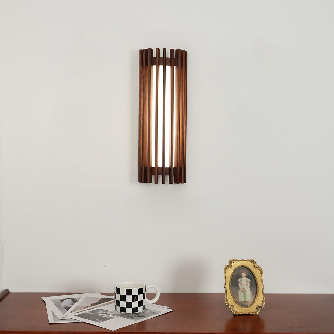 Stylish wooden LED wall lamp with acrylic diffuser, offering customizable warm/cool light.