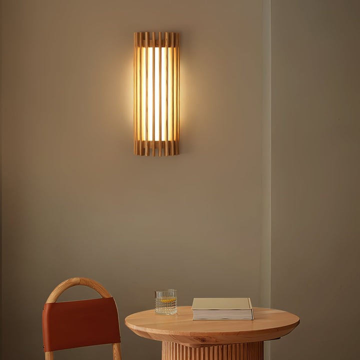 Modern LED wall light for indoors, features elegant wood and light-diffusing acrylic.