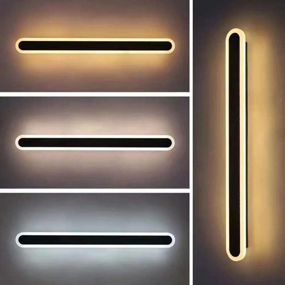 Dimmable LED linear outdoor wall lamp with motion sensor, modern weatherproof fixture for patios.
