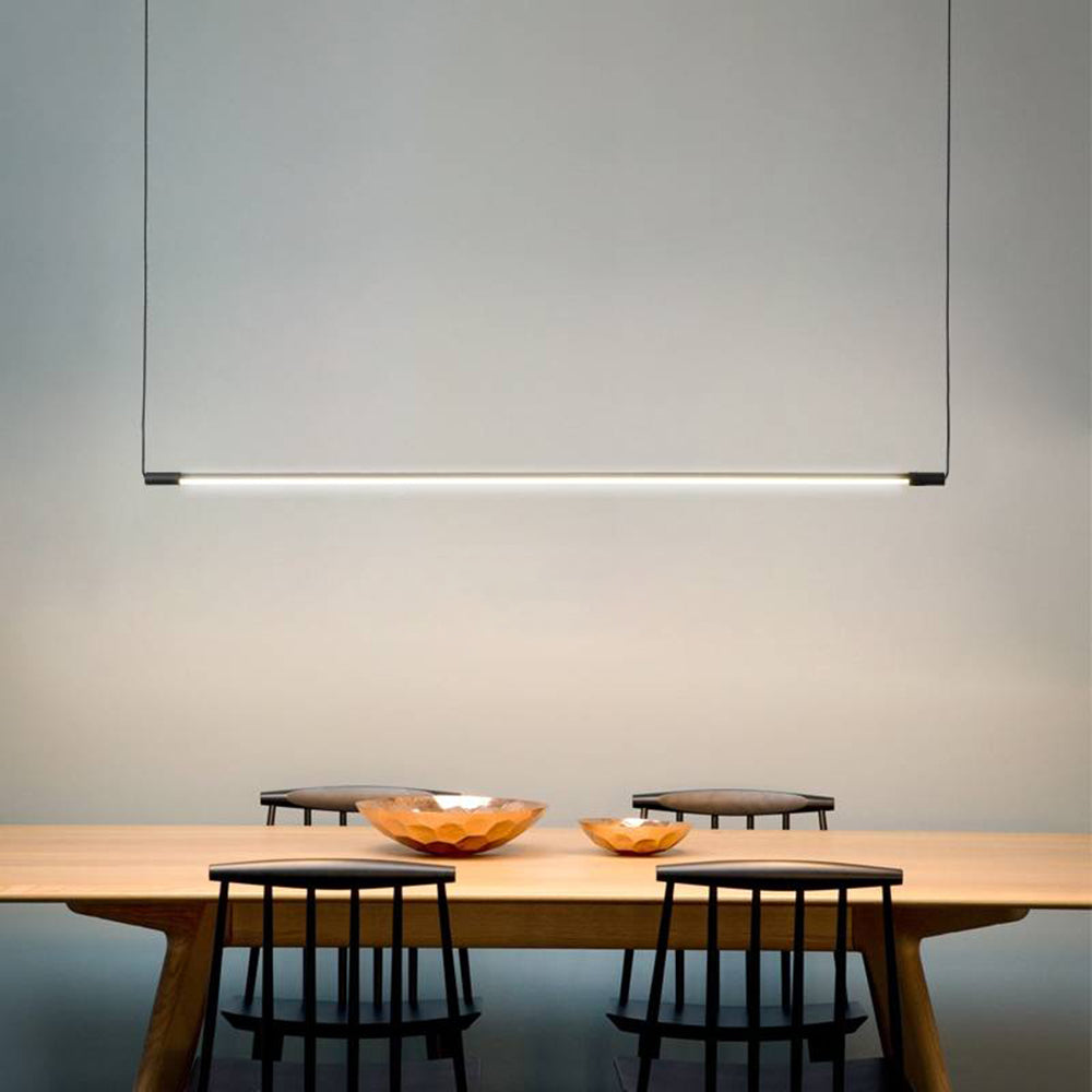 Elegant linear LED pendant light in acrylic & metal, perfect for modern dining room lighting.