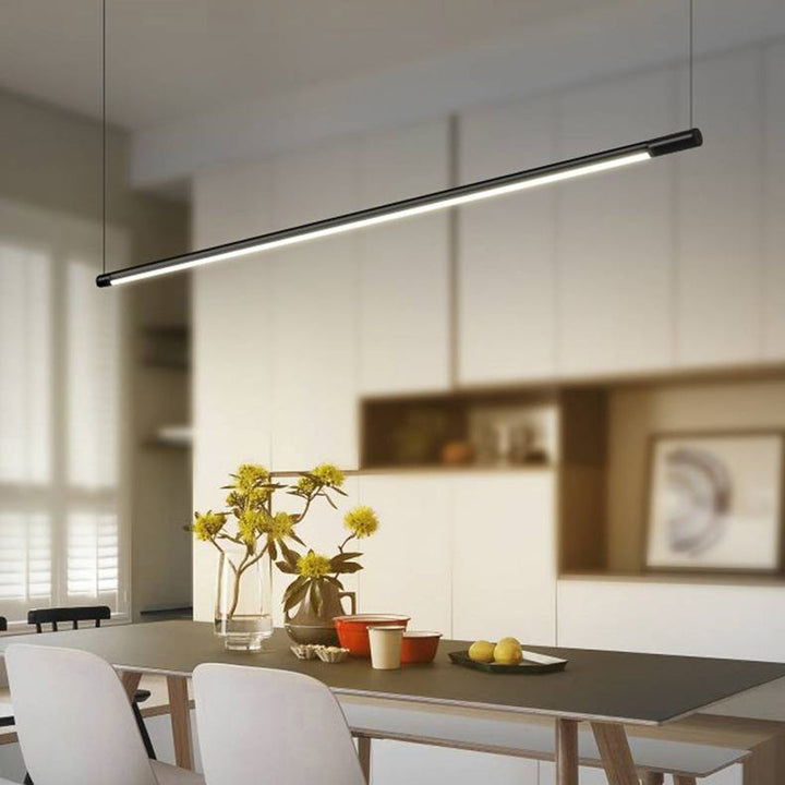 Stylish modern linear LED pendant light fixture, a sleek acrylic metal ceiling lamp for homes.