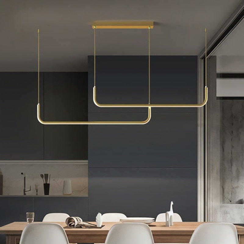 Modern adjustable linear LED pendant light, ideal for custom lighting in dining & living room spaces.