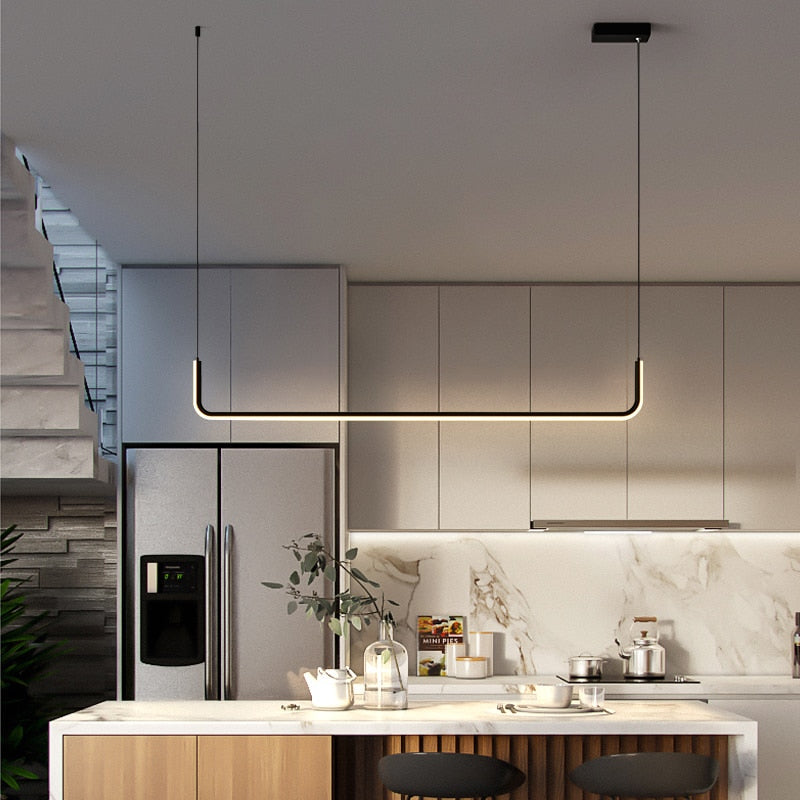 Elegant linear LED pendant light with a minimalist modern design for contemporary interiors.