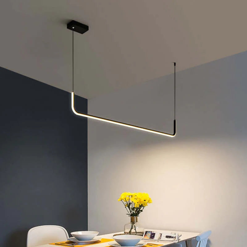 Bright, energy-efficient linear LED pendant light providing ample illumination for dining rooms.