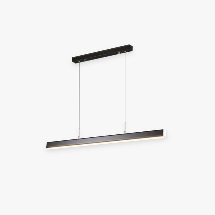 Modern linear LED pendant light in black for dining room ambiance.